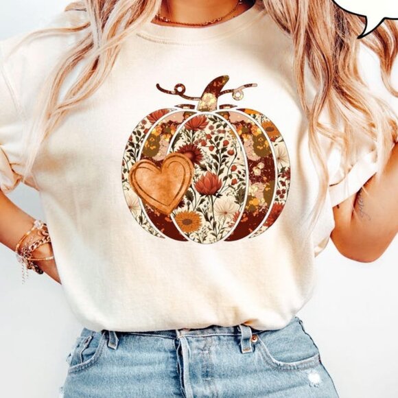 Tops - Floral Pumpkin Tshirt, Pumpkin Season Shirt, Graphic Pumpkin Shirt